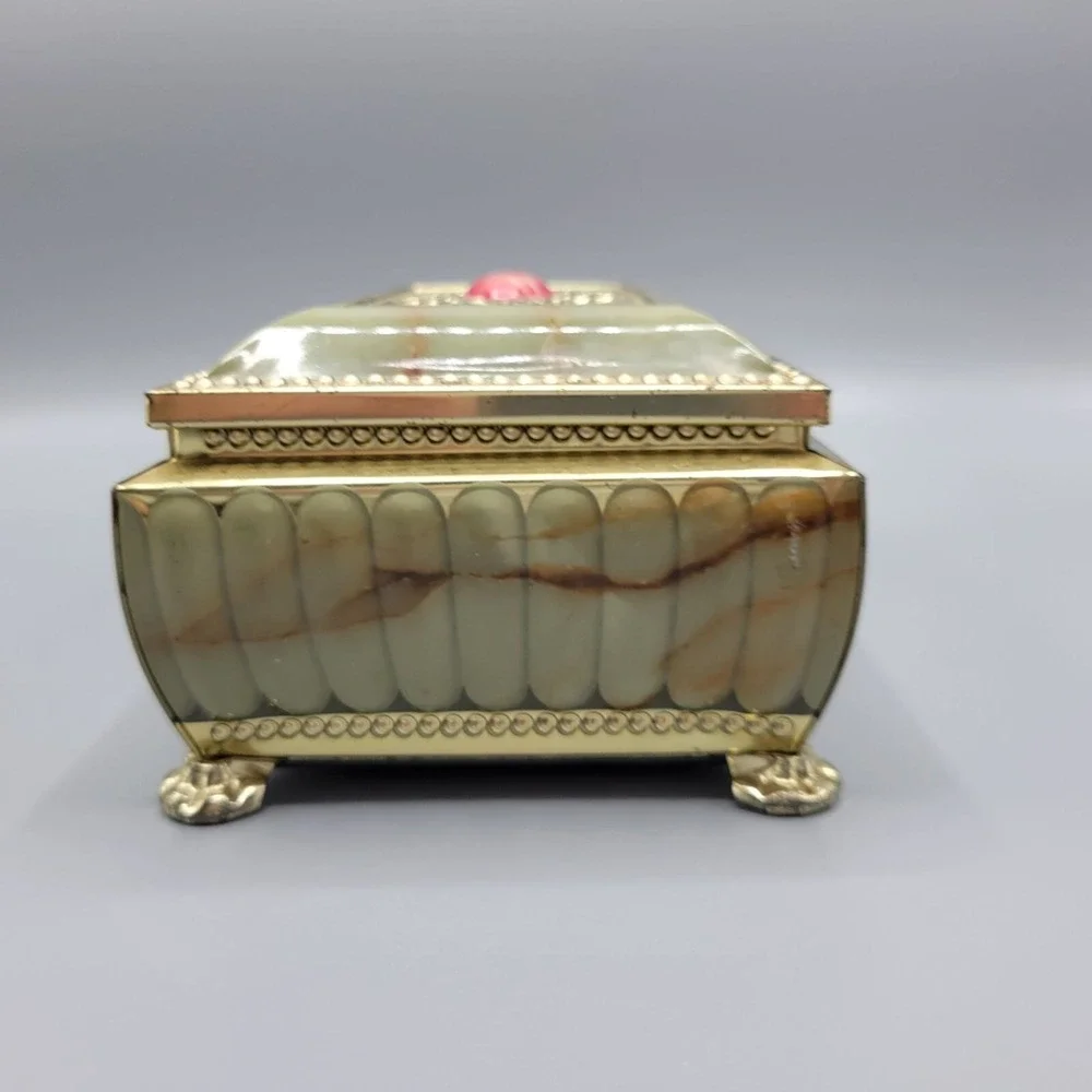 Vtg Footed Tea Tin Box Pink Faux Marble Jewelry Trinket Box Shelf Decor AS IS